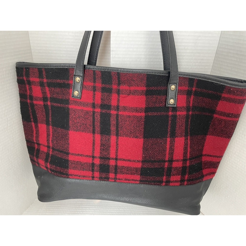 Under One Sky Reversible Black Faux Leather And Red Buffalo Plaid Strap Tote Bag